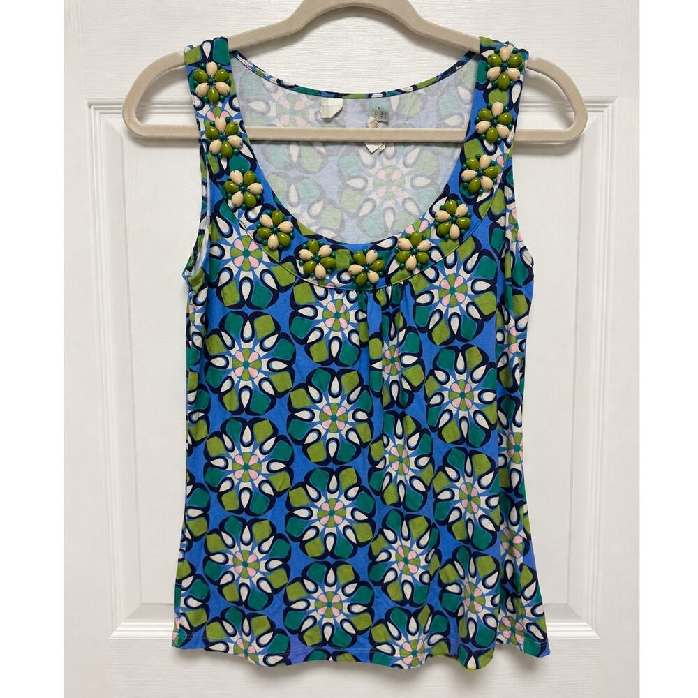 Beaded Floral Retro Print Sleeveless Top Blue Green Size 4